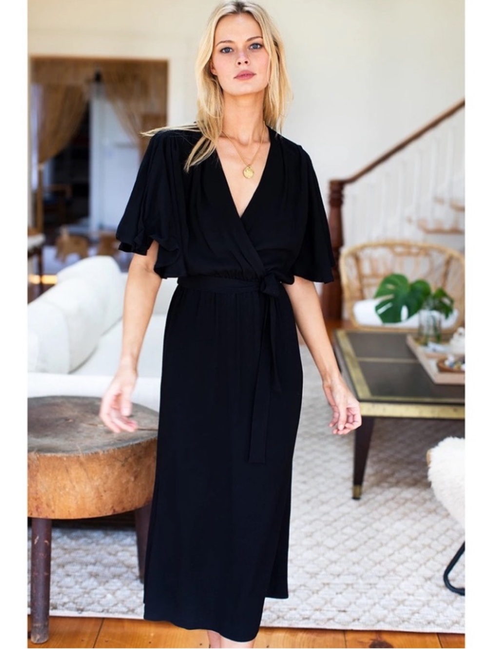 NWT Emerson Fry Lila Dress Flutter Sleeve Black Viscose Crepe XS